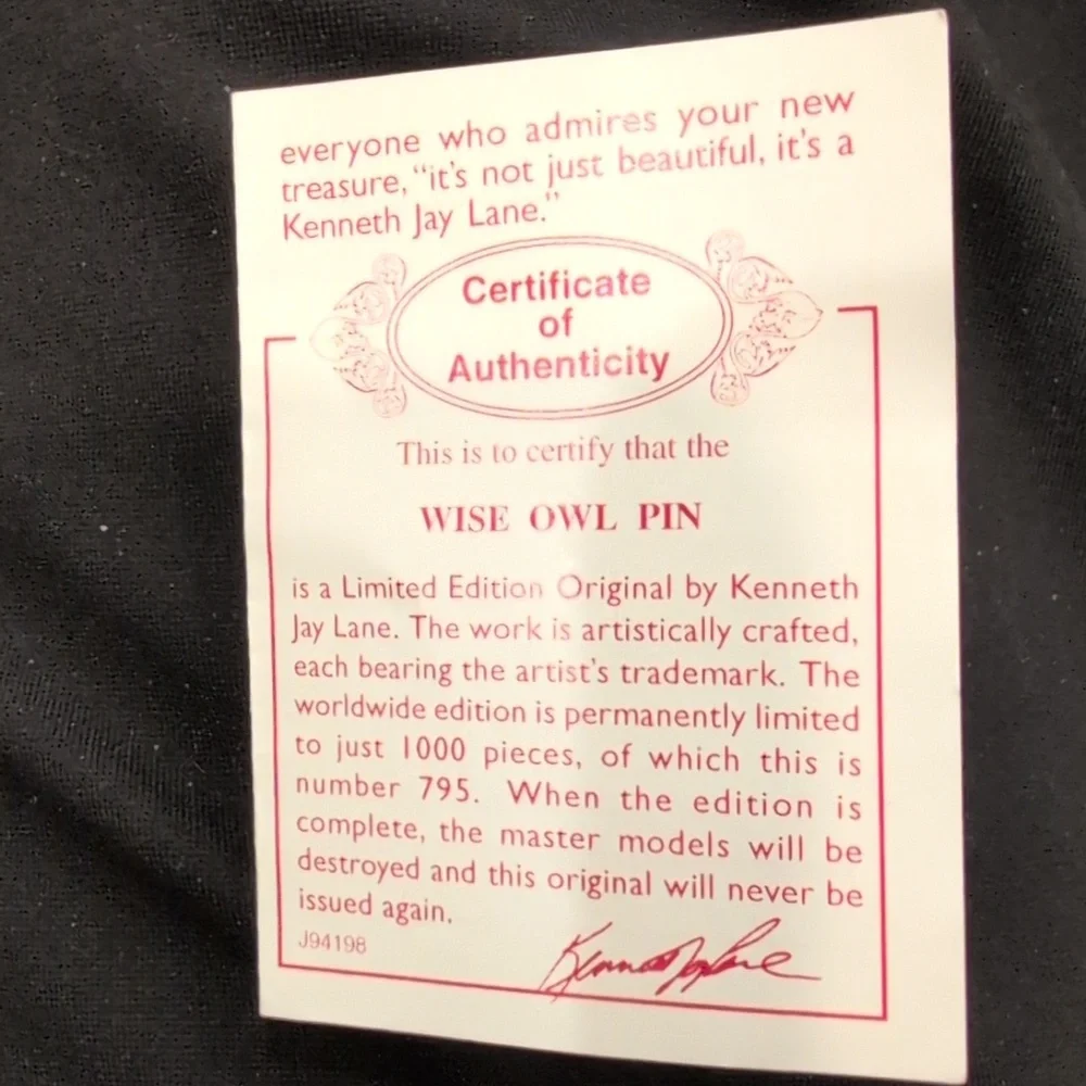 Kenneth Jay Lane Cream Enamel Owl Brooch with Blue and Green Accents - Picture 5 of 7